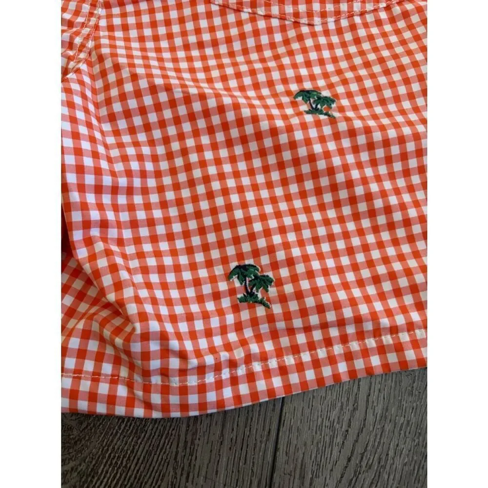 Ralph Lauren Orange and White Gingham Swim Trunks with Palm Embroidery